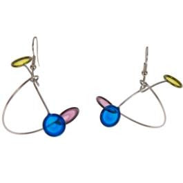 A pair of beautiful earrings featuring blues, yellows, and purples.